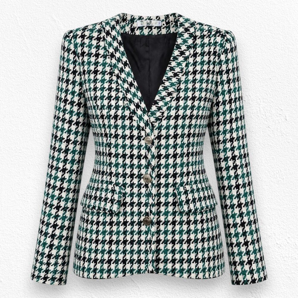 Vintage 80s Ann Taylor Green White Wool Houndstooth Blazer Gold Buttons Size 2